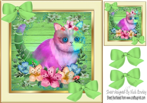 Water colour with funky colours and green bows 8x8