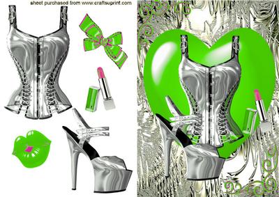 Gorgeous Silver Basque & Shoe in Fantasy Colours Green