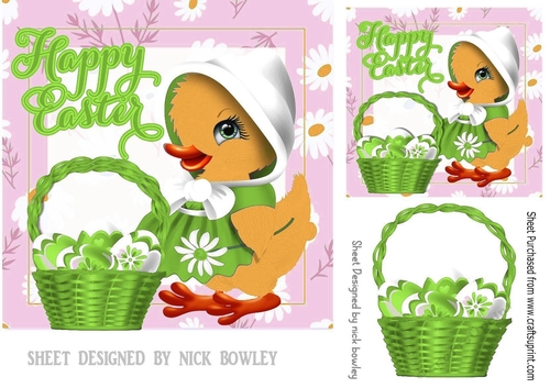 cute little easter duckling with green basket of eggs 7x7 topper