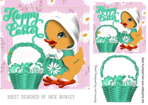 cute little easter duckling with turq basket of eggs 7x7 topper