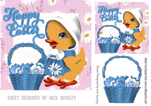 cute little easter duckling with blue basket of eggs 7x7 topper