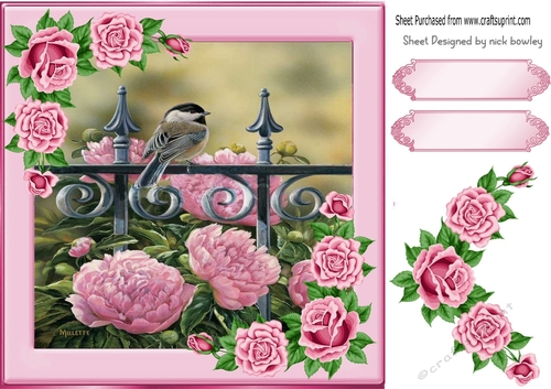 sweet little bird on a rail with pink roses 8x8