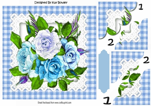 Pretty water colour blue roses with gingham and lace 8x8