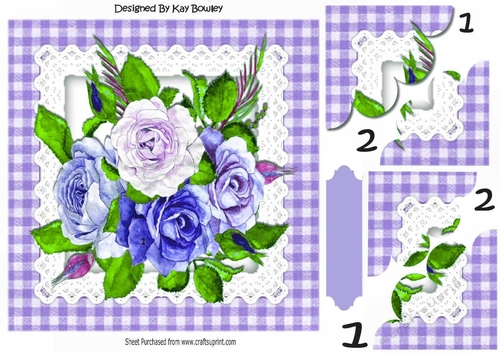Pretty water colour purple roses with gingham and lace 8x8