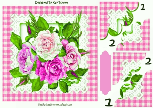 Pretty water colour pink roses with gingham and lace 8x8