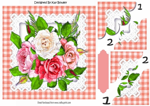 Pretty water colour peach roses with gingham and lace 8x8