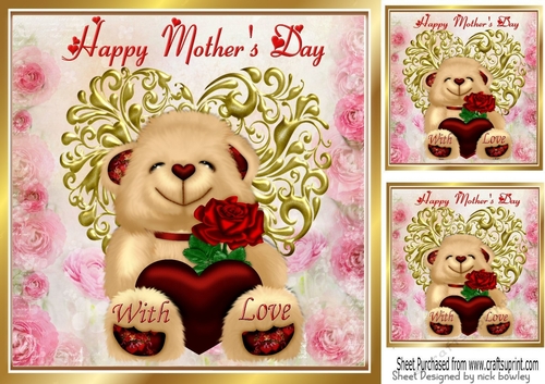 Lovely brown bear heart and roses for MOTHERS DAY 8x8
