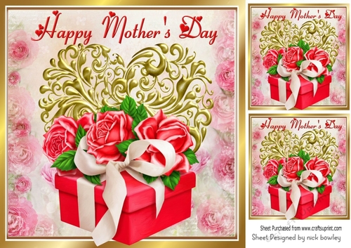 Lovely gift box of red roses for MOTHERS DAY on gold heart 8x8