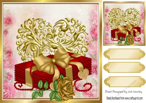 Pretty gold rose and letters on a gold heart 8x8