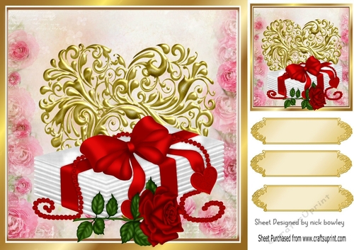 Pretty red rose and letters on a gold heart 8x8