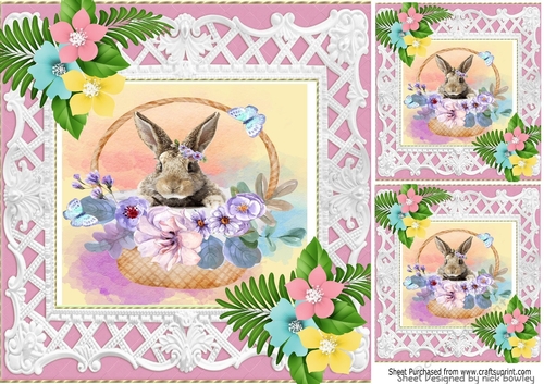 pretty bunny in a basket with flowers 8x8