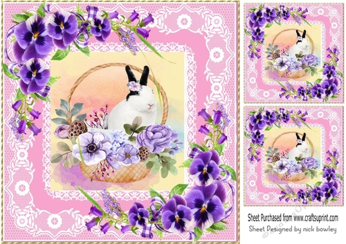 pretty bunny in a basket with purple flowers 8x8