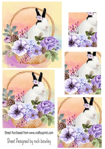 pretty bunny in a basket with purple flowers pyramids