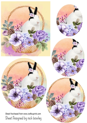 pretty bunny in a basket with purple flowers oval pyramids