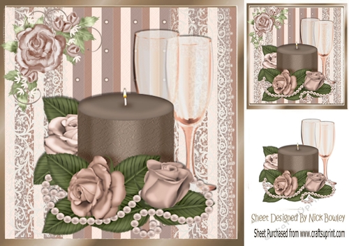 pretty candle with champagne with brown stripe/lace 8x8
