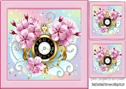 pretty vintage clock with pink roses and diamonds 8x8