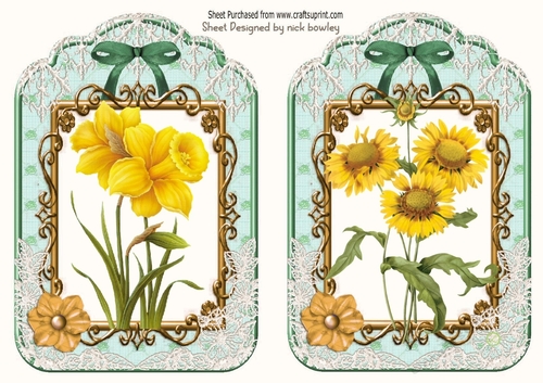 2 pretty ornate lace and bow card fronts A5 with yellow flowers