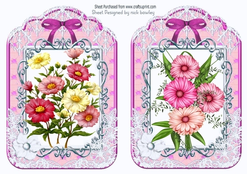 2 pretty ornate lace and bow card fronts A5 pink flowers