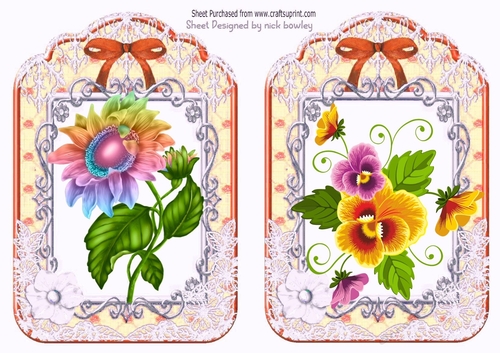2 pretty ornate lace and bow card fronts A5 orange flowers