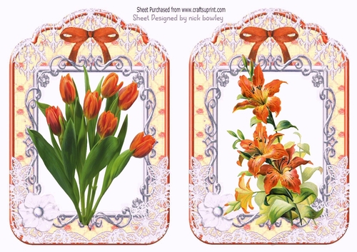 2 pretty ornate lace and bow card fronts A5 orange tulips
