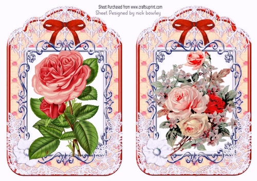 2 pretty ornate lace and bow card fronts A5 red flowers