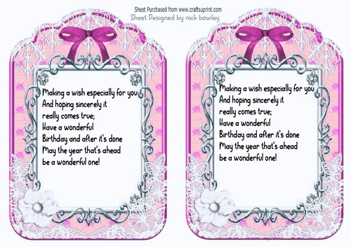 2 pretty ornate lace and bow card fronts A5 (pink) insert four