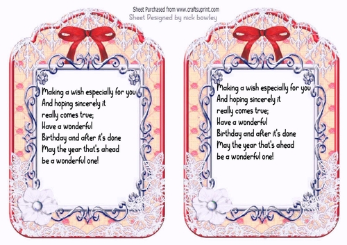 2 pretty ornate lace and bow card fronts A5 (red) insert three