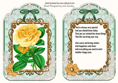 2 pretty yellow rose on lace /bow topper with verse