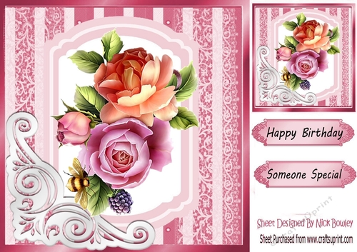fancy pink lace ornate corner card front 8x8 with roses