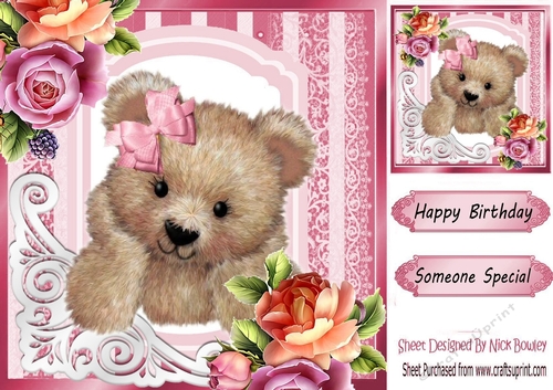 fancy pink lace ornate corner card front 8x8 with bear & roses
