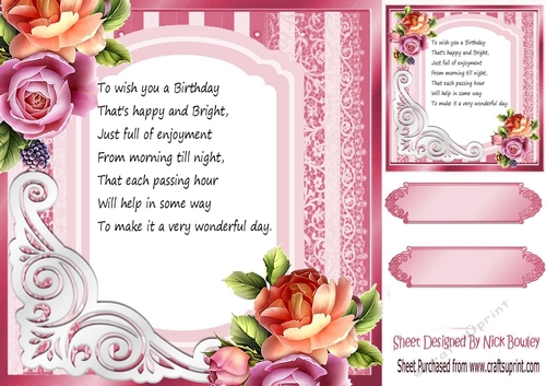 fancy pink lace ornate corner card front 8x8 with insert four roses