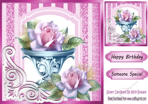 fancy cerise lace ornate corner card front 8x8 with rose vase