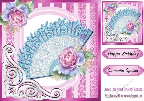 fancy cerise lace ornate corner card front 8x8 with pretty rose fan