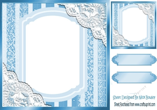 Pretty lace corners blue ornate card front 8x8