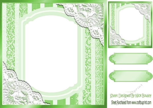 Pretty lace corners green ornate card front 8x8