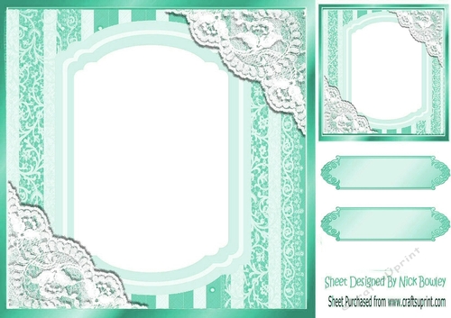 Pretty lace corners turq ornate card front 8x8
