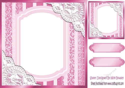 Pretty lace corners pink ornate card front 8x8