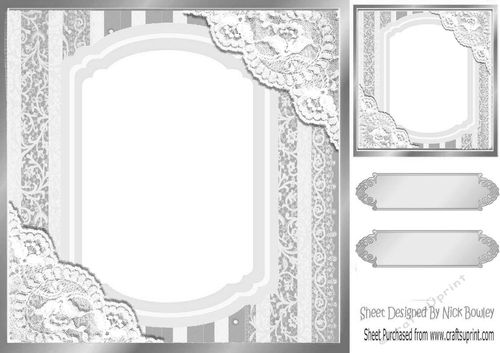 Pretty lace corners silver ornate card front 8x8