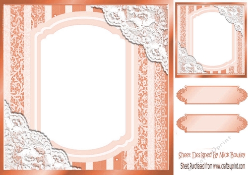 Pretty lace corners orange ornate card front 8x8