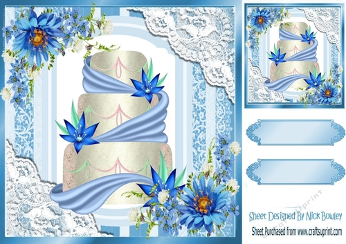 Pretty lace corners blue ornate card front 8x8 with a cake and flowers