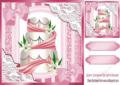 Pretty lace corners pink ornate card front 8x8 with cake and bows