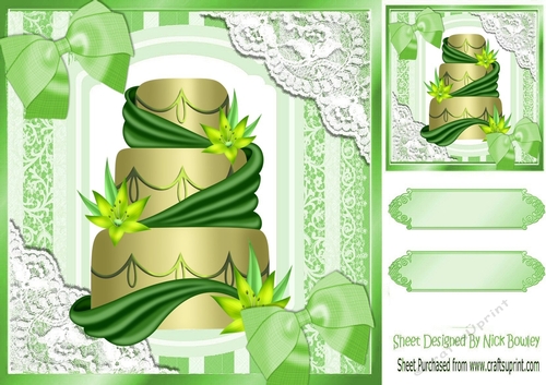 Pretty lace corners green ornate card front 8x8 with a cake and bows