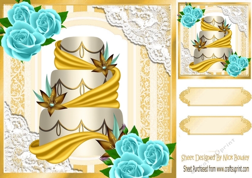Pretty lace corners gold ornate card front 8x8 with a cake and roses