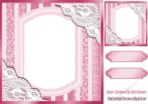 Pretty lace corners pastel pink ornate card front 8x8 
