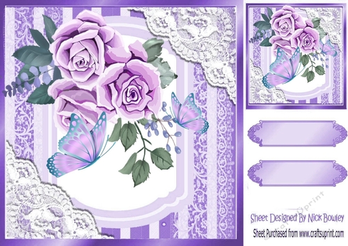  lace corners purple ornate card front 8x8 with watercolour roses