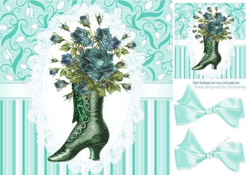 pretty vintage boot with turq stripe and flowers on lace 8x8