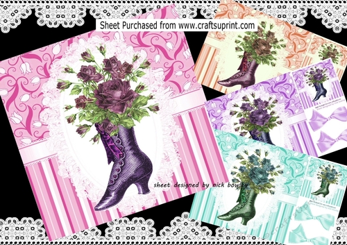  4 pretty vintage boots with flowers on lace card 8x8 mini kit