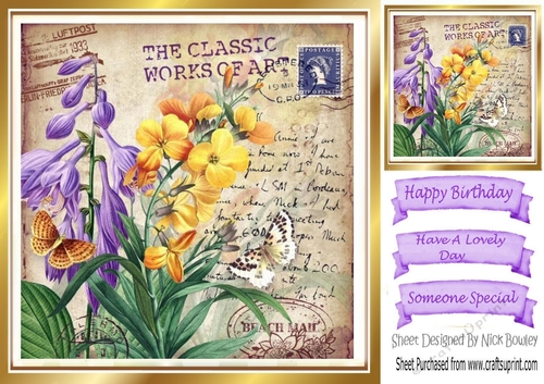 pretty purple/yellow flowers with script 8x8