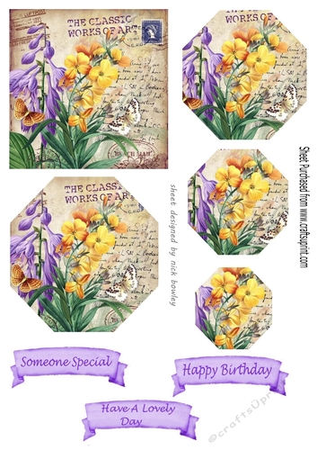 pretty purple/yellow flowers with script hexagon pyramids