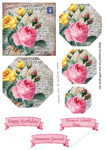 pretty pink roses with script hexagon pyramids